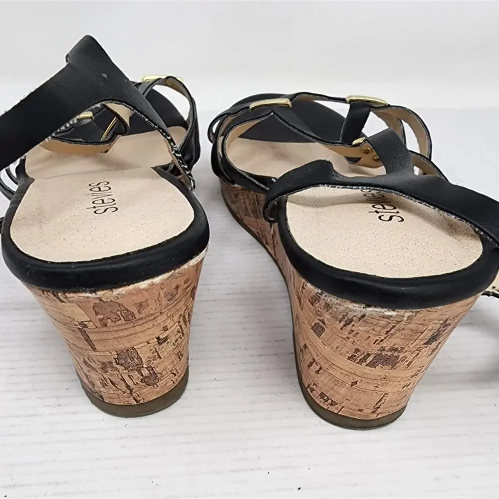 Stevies Black Cork Wedge Sandals‎ Strappy Low Platform Wedge Women's Gift Size 4